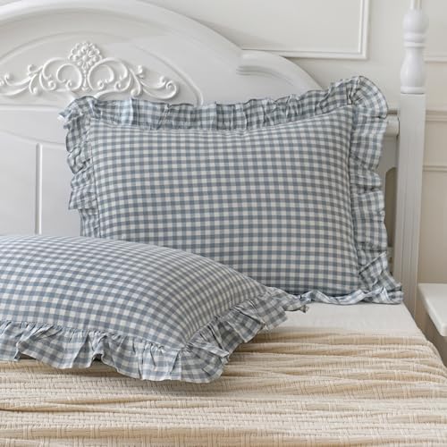 2 Pack Blue White Plaid Gingham Ruffle Pillow Shams Standard Size 20"x26" by Qilunn