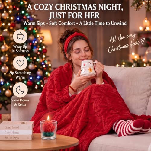 Willinglong 11 Pcs Christmas Basket Gifts for Women- Red Xmas Gift Set with Candle Basket Blanket Mug Scrunchie Headband Socks Bracelet Hair Claw Eye Mask Greeting Card for Mom Wife Teacher - Image 4