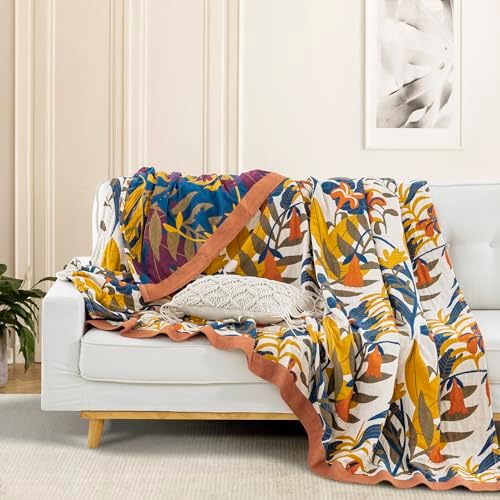 100% Muslin Cotton Throw Blanket for Bed Couch Chair,Botanical Floral Printed Bohemian Vintange Quilt Ultra Soft Reversible Gauze Blanket for All Season, 80"x90" - Image 3