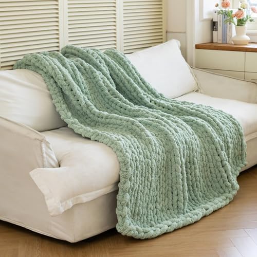 Chunky Knit Throw Blanket for Couch，40x50 Inches Sage Green by Larexius