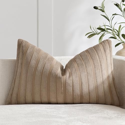 DEZENE 14x24 Khaki Lumbar Pillow Covers Soft Striped Corduroy Neutral Rectangular Throw Pillow Cases for Couch Sofa Bedroom Living Room Home Decor by DEZENE