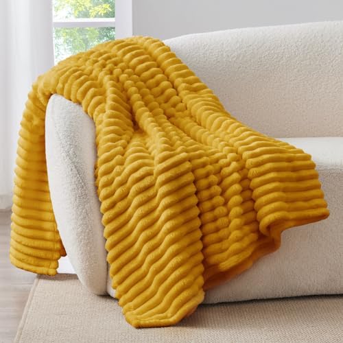 BEDELITE Ribbed Fleece Throw Blanket for Couch, Mustard Yellow, 50"x60" by BEDELITE