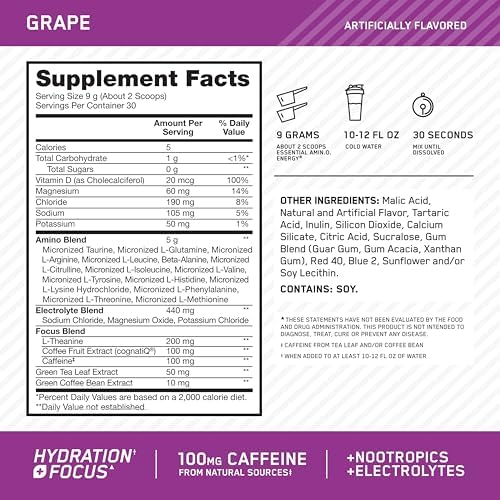 Optimum Nutrition Amino Energy Powder Plus Focus, with BCAA, Electrolytes, and Caffeine, Grape, 30 Servings (Packaging May Vary) - Image 2