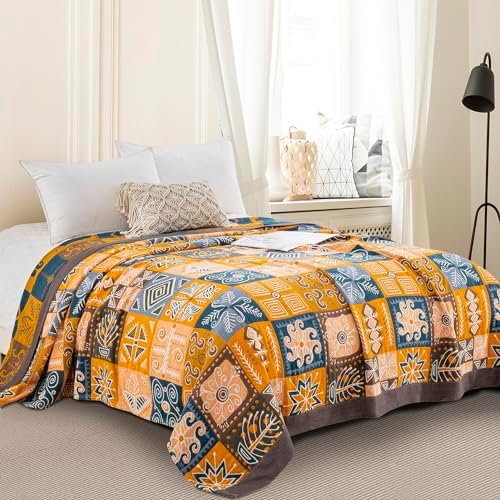 100% Muslin Cotton Throw Blanket for Bed Couch Chair, Bohemian Tribal Patchwork Retro Quilt Ultra Soft Reversible Gauze Blanket for All Season, 90"x98" by Purefair