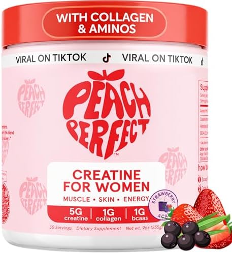 Peach Perfect Creatine for Women – Micronized Creatine Monohydrate Powder with BCAA & Collagen for Glute Strength Support, Boost Energy, Focus, Strength, and Endurance – Strawberry Acai, 30 Servings by PeachPerfect