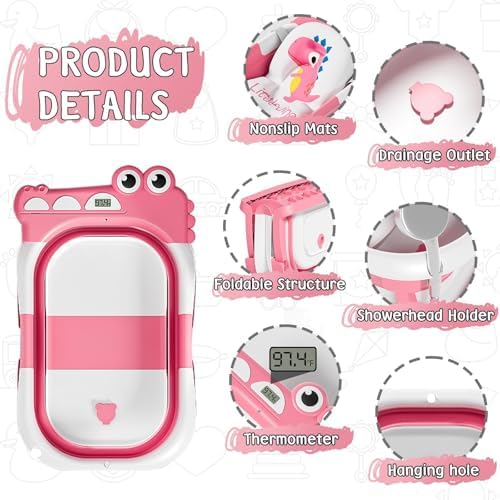 MoreFeel Collapsible Baby Bathtub for Newborn with Thermometer & 1 Hooded Towel & 1 Soft Floating Cushion,Portable Travel Bathtub with Drain Hole, Durable Foldable Baby Tubs for Infants to Toddler - Image 3