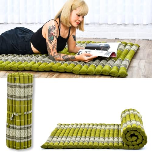 Leewadee - Kapok Roll Mat – Handcrafted Folding Sleep & Relaxation Mattress from Thailand, Ideal as Guest Bed, Camping Mat, Yoga Mat or Traditional Futon, 75 x 39 inches, Green by Leewadee