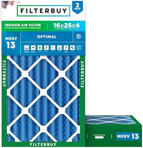 Filterbuy 16x25x4 Air Filter MERV 13 Optimal Smoke & Allergy Defense (2-Pack), Electrostatic Pleated HVAC AC Furnace Filters Replacement, Made in USA (Actual Size: 15.50 x 24.50 x 3.63) by Filterbuy