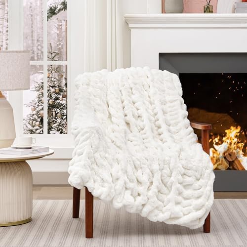 Touchat Ruched Rabbit Faux Fur Blanket Twin,Fluffy Soft Blanket,Cream White - Image 7