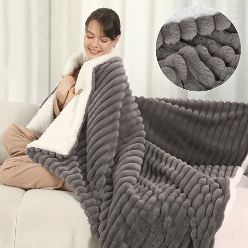 Electric Blanket Throw Size 50x60 Inches, Extra Thick 350GSM Luxury Faux Fur Plus 200GSM Sherpa with 3D Strip Design, Fast Heating with ETL Certified, Machine Washable, Gray by ESTINGO-EnjoyToastyWarm