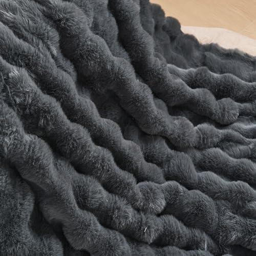 Lotus Karen Queen Size Faux Fur Blanket Dark Gray - Big Bubble Rabbit Fluff Throw for Bed Large Fluffy Fuzzy Cozy Thick Furry Plush Shaggy Blankets 90x90 Inches - Image 6