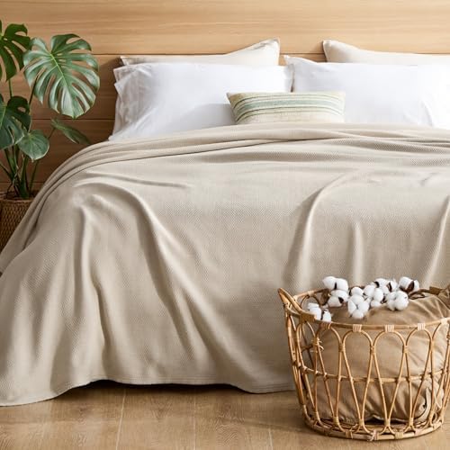 Bedsure 100% Cotton Blanket, Herringbone Weave, Full, Linen Beige - Image 4