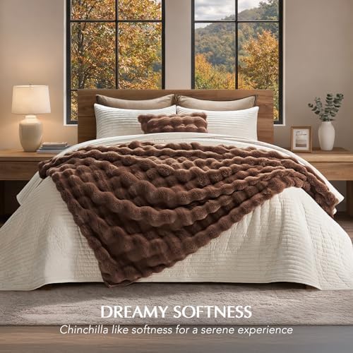 EverGrace Faux Rabbit Fur Bubble Throw Blanket, 50"x60", Chestnut - Image 6
