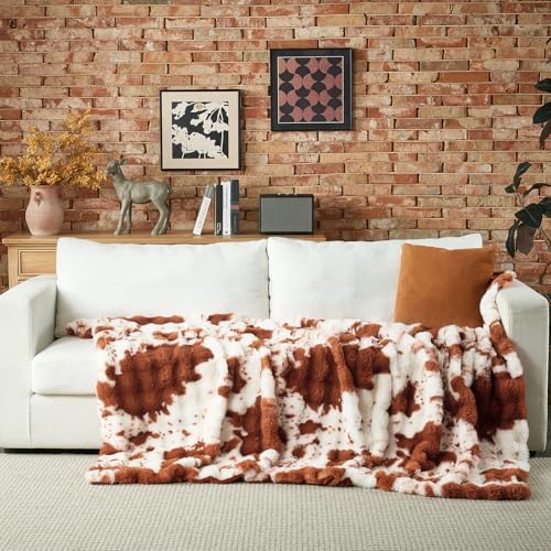 Lotus Karen Faux Fur Throw Blanket Cow Print-Light Brown, Fluffy Fuzzy Plush Bubble Blanket for Couch, 90x90 InchesCozy Shaggy Rabbit Blanket, Luxury Decorative Gifts for Sofa Bedroom Living Room. - Image 4
