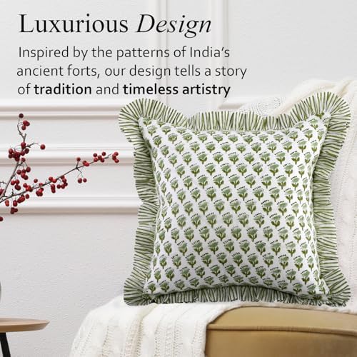 CPC Block Print Ruffle Throw Cover Emerald Green 18"x18" Inch Pack of 2-100% Cotton Ruffle Couch Decorative Boho Pillows Case for Living Room, Bedroom, Sofa, Farmhouse Gift for Spring, Mother's Day - Image 4