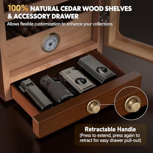 Tesonway Cigar Humidor, Desktop Cigar Humidor Cabinet Light Control System with Spanish Cedar Wood Shelves, Hygrometer, 3 Humidifiers and Cigar Accessories Drawer, Father's Day Gift for Men (Brown) - Image 5