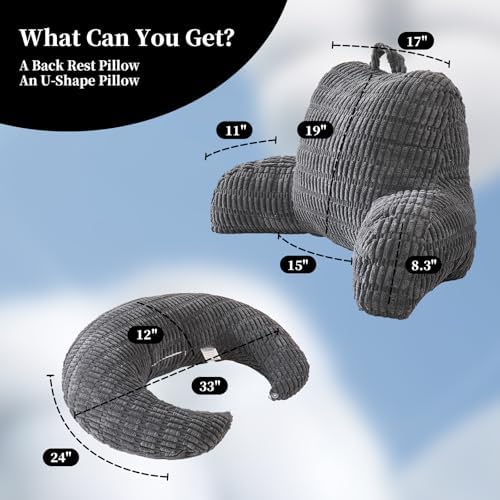 19" Reading Pillow for Bed,U Shaped Arm & Elbow Support,Gray Corduroy - Image 3