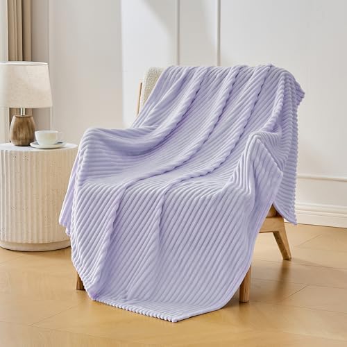 Bnuitland Fleece Throw Blanket for Couch, 300GSM Soft Warm Cozy Fluffy Throw for Adults & Kids, Stripe Pattern, All Season Sofa Bed Blanket for Home Decor, Light Purple 60"x80" - Image 6