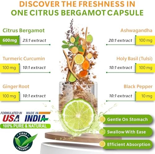 Herbpy 6in1 Citrus Bergamot Supplement with Ashwagandha, Holy Basil, Turmeric & Ginger Root - Healthy Aging, Immune & Relaxation - 120 Vegan Capsules - Image 2
