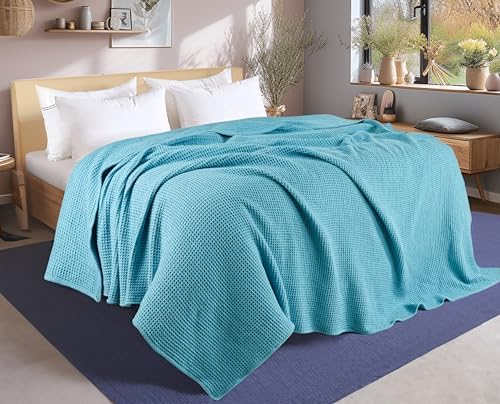 Tex Trend 100% Cotton Waffle Weave Blanket Queen Size - Soft, Breathable Cooling Blanket for Bed, Lightweight Cozy Summer & Spring Bedding, Blue, 90x90 - Image 3