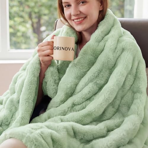 ORINOVA Sage Green Throw Blanket for Couch, 50x60 Ultra Soft Faux Rabbit Fur, Fuzzy Fluffy Plush Bubble Texture, Cozy Warm Reversible Sofa and Bed Cover, Living Room Decor, Gifts for Women by ORINOVA