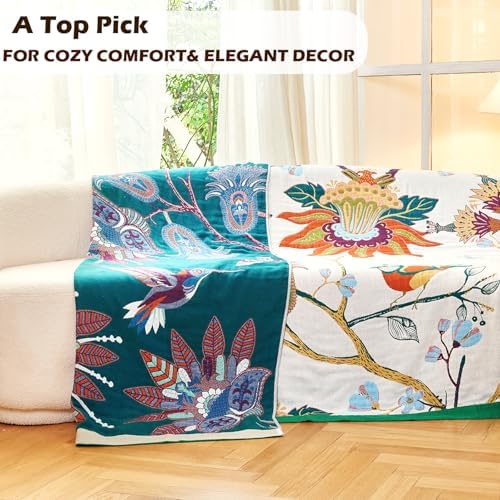 VANJOROY Boho Throw Blanket, 100% Organic Cotton Breathable Skin-Friendly Ultra Soft Bed Quilt Throw - All Season Floral Bird Farmhouse Décor Luxury Blanket for Sofa Couch Chair and Gift. 60" x 80" - Image 4