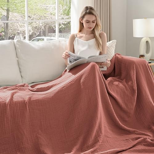 Esterra Muslin Throw Blanket 50x65 Inches Cozy Soft Lightweight Pre-Washed Cotton Blanket, All Season Breathable 4-Layer Gauze Blanket Throw for Sofa Couch Bed, Copper Brown - Image 3