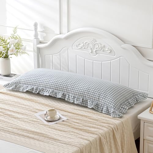 20"x54" Blue White Plaid Ruffled Body Pillow Sham Washed Cotton - Image 3