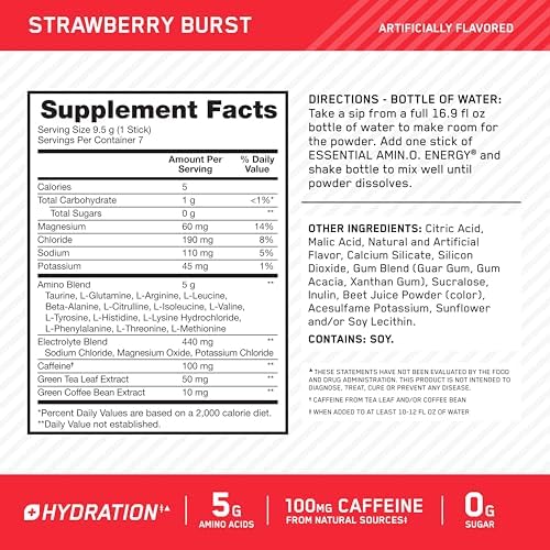 Optimum Nutrition Amino Energy Plus Focus Stick Packs, Strawberry Burst 7Ct - Image 3