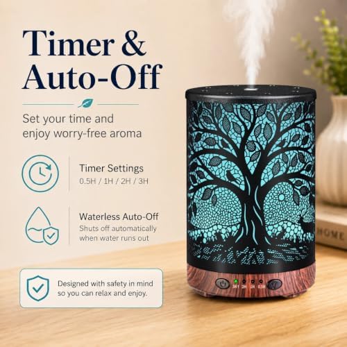 Essential Oil Diffuser, 120 ml Aromatherapy Diffuser with 7 Color Lights, Auto Shut-Off and 4 Timer Settings, Ultrasonic Cool Mist Diffuser for Home Room Office (Harvest Tree) - Image 5