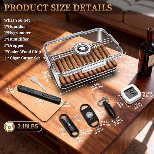 CIGARLOONG Cigar Humidor Large with Cedar Shelves, Cigar Cutter Punch and Hygrometer & Humidifier, Acrylic Cigar Desktop Box Storage for 100 Cigars Partition Clear Airtight Cigar Humidor (Medium) - Image 7