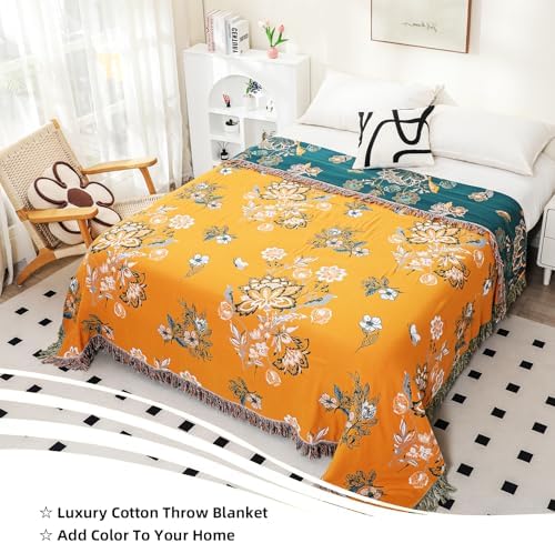 VANJOROY Boho Large Throw Blanket, 100% Organic Cotton Breathable Soft Bed Throw - Floral Bird Farmhouse Decor Blanket for Sofa Couch Chair Quilt and Gift. (Flower-Art, 91" x 98") - Image 3