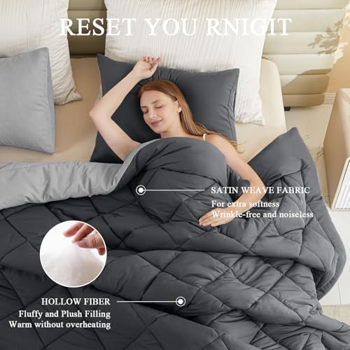 MIOTO 128x120 Oversized King Comforter All Season Extra Large King Size Microfiber Comforter Quilted Down Alternative Duvet Insert with 8 Corner Tabs, Dark Grey&Light Grey - Image 2