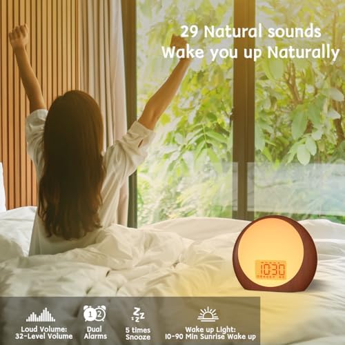 Wake Up Light Sunrise Alarm Clock White Noise Machine with Sunrise Sunset Simulation for Heavy Sleepers Kids Bedroom Dual Alarms Snooze Sound Brown Noise Machine with 25 Sounds for Sleeping - Image 6