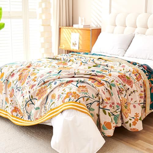 VANJOROY Boho Throw Blanket, 100% Organic Cotton Breathable Ultra Soft 91" x 108" King Bed Quilt Throw - All Season Floral Rustic Farmhouse Decor Luxury Blanket for Sofa Couch Chair and Gift - Image 7