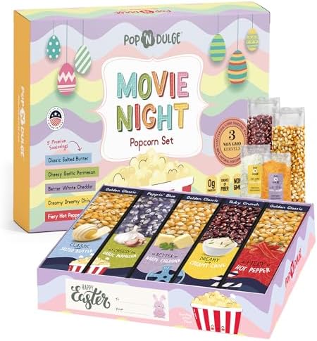 Easter Basket Stuffers Movie Night Popcorn Gift Set, Gourmet Popcorn Seasoning Variety Pack and Kernels, 3 Color Kernels and 5 Flavorings, Non-GMO, Gluten Free, Family Easter Gifts For Teens, Kids, Adults, 10 Pack by PopNDulge