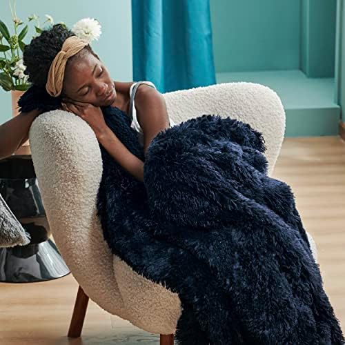 Bedsure Faux Fur Fluffy Sherpa Fleece Queen Bed Blanket Navy Blue 60"x80" - Image 2