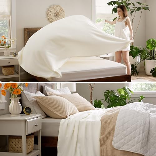 Bedsure 100% Cotton Blanket, Herringbone Weave, Queen Size, Cream - Image 4