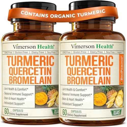 Quercetin w/ Bromelain Turmeric Curcumin Supplement – Triple Action: Allergy Relief, Inflammation & Joint Support with Organic Tumeric + Bioperine for Max Absorption – 60 Quercetin 500mg Caps, 2 Pack by VimersonHealth