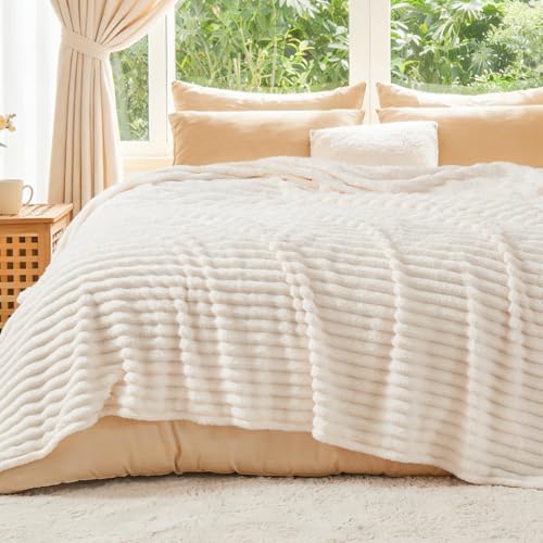 BEDELITE Ribbed Full Size Blanket for Bed, Cream, 84"x90" - Image 2