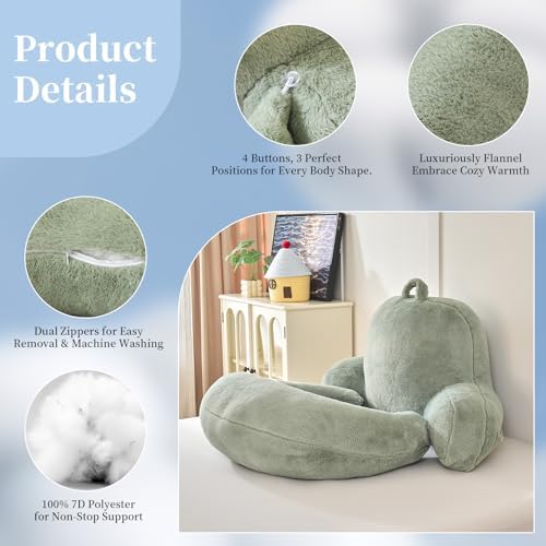 17" Reading Pillow for Bed,U Shaped Arm & Elbow Support,Green Faux Fur - Image 6