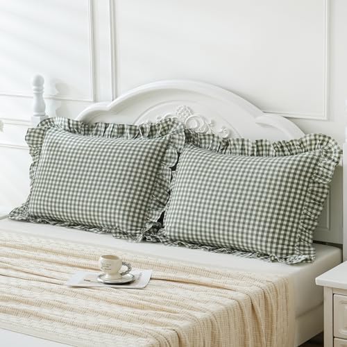 2 Pack Sage Green White Plaid Ruffle Pillow Shams Standard Size 20"x26" - Image 2