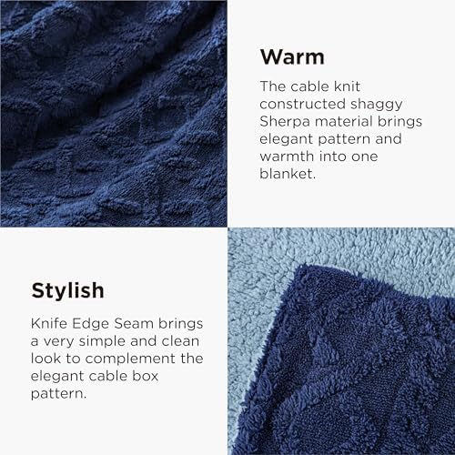 Bedsure Sherpa Fleece Blanket, Cable Jacquard Tufted, Warm, Navy, Throw - Image 4