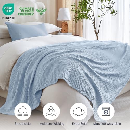 PHF 100% Cotton Muslin Blanket King Size 108"x90", 4-Layer Lightweight Gauze Throw, Breathable Cloud-Soft Minimalist Blanket for Bed, Couch, Camping & Baby, Ancient Water, Ideal Gift - Image 5