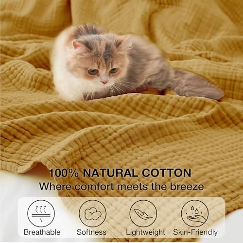 100% Cotton Muslin Blanket Queen 90" x 90", 6 Layers Breathable and Lightweight Cotton Throw Blankets for Bed, Soft Cooling Summer Gauze Blanket for Adults All Season, Mustard - Image 3
