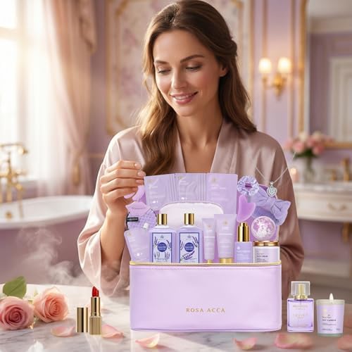 25 Pcs Mother's Day Gift, Lavender Bath & Body Gift Basket Set for Women, Hydrating Skin Care Set, Self Care Home Spa Gifts, Cosmetic Bag, Necklace, Christmas, Birthday, Anniversary, Wife - Image 3
