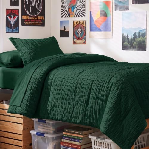 CozyLux Twin Comforter Set, 5 Pieces Emerald Green Seersucker Bed in a Bag by CozyLux