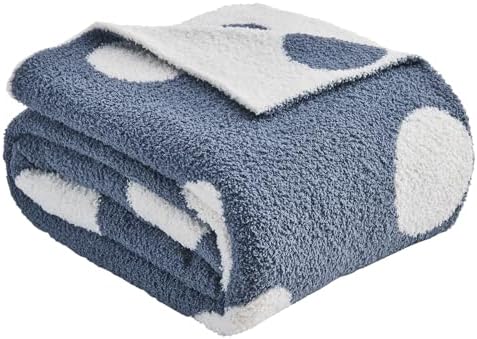 CozeCube Reversible Knitted Throw Blanket,Dusty Blue White Polka Dot60 x80 by CozeCube