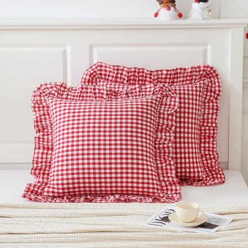 26x26 inches Red/White Gingham Pillow Cover 2 Pack 100% Washed Cotton by Qilunn
