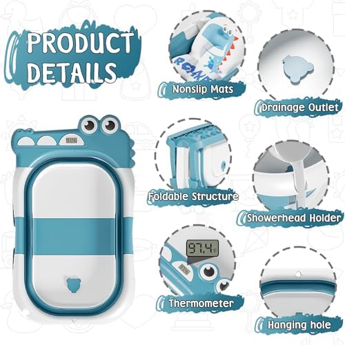 MoreFeel Collapsible Baby Bathtub for Newborn with Thermometer & 1 Hooded Towel & 1 Soft Floating Cushion,Portable Travel Bathtub with Drain Hole, Durable Foldable Baby Tubs for Infants to Toddler - Image 2
